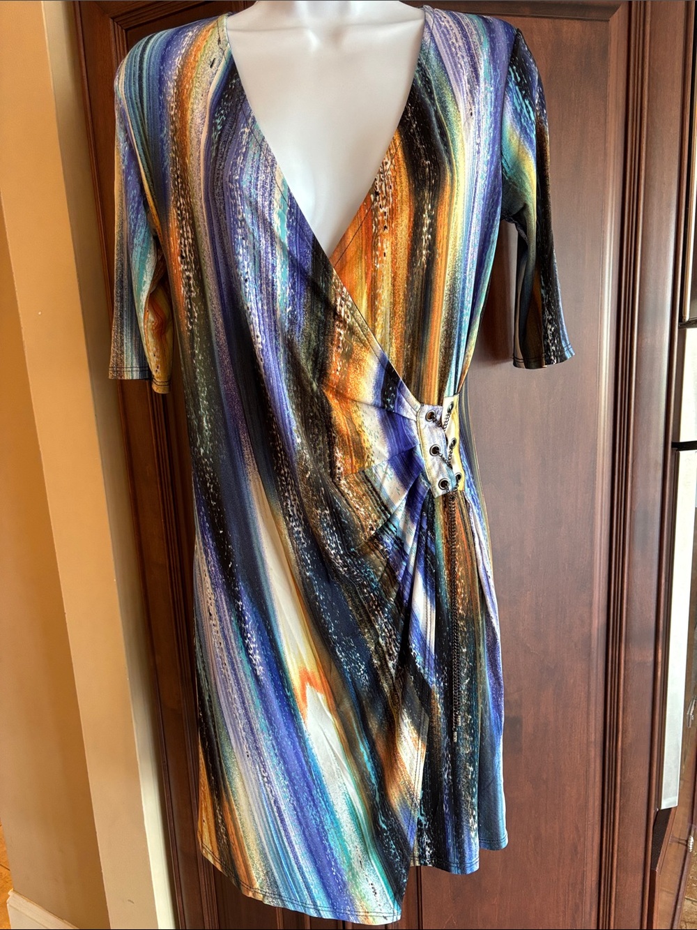 S-Twelve Multicolor Striped Wrap Midi Dress — Blue, Orange, Black & White
